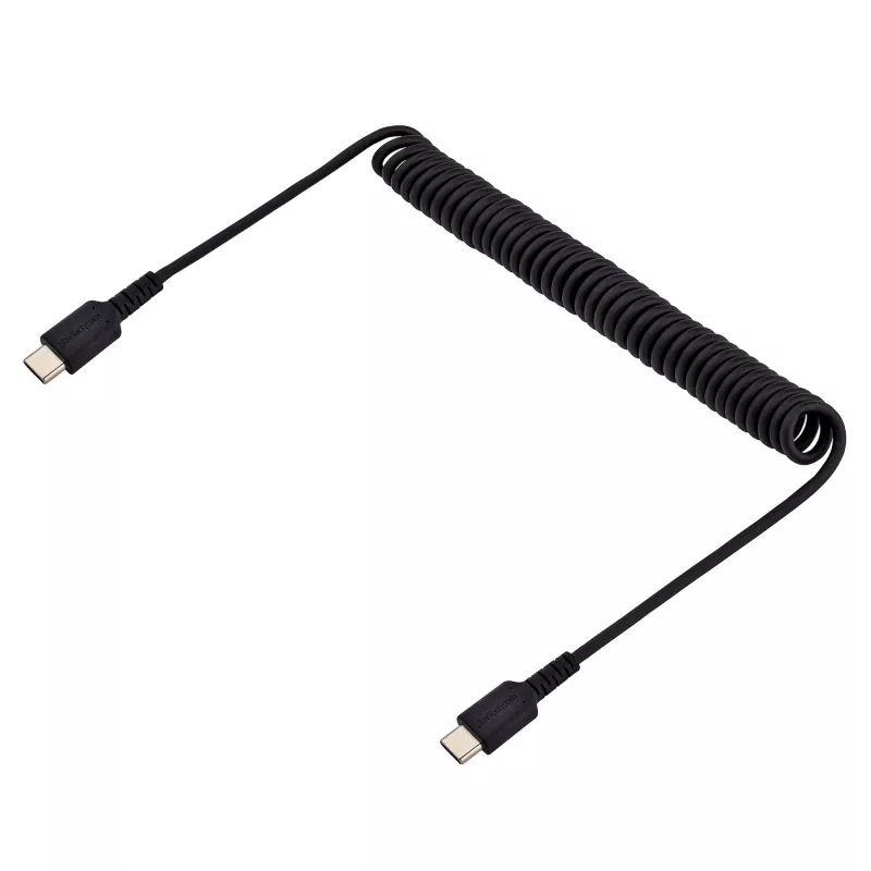 StarTech.com Cabo de carregamento USB-C de 1m, cabo espiral, heavy duty, carregamento rápido e sincronização, cabo USB 2.0 Type-C, fibra de aramida robusta, cabo USB macho para macho durável, preto