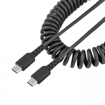 StarTech.com Cabo de carregamento USB-C de 20in (50cm), cabo espiral, robusto, carregamento rápido e sincronização, USB 2.0 Type-C, com fibra de aramida resistente, cabo USB macho para macho durável, preto