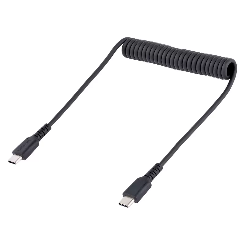StarTech.com Cabo de carregamento USB-C de 20in (50cm), cabo espiral, robusto, carregamento rápido e sincronização, USB 2.0 Type-C, com fibra de aramida resistente, cabo USB macho para macho durável, preto