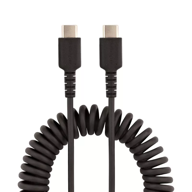 StarTech.com Cabo de carregamento USB-C de 20in (50cm), cabo espiral, robusto, carregamento rápido e sincronização, USB 2.0 Type-C, com fibra de aramida resistente, cabo USB macho para macho durável, preto