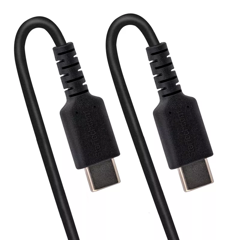StarTech.com Cabo de carregamento USB-C de 20in (50cm), cabo espiral, robusto, carregamento rápido e sincronização, USB 2.0 Type-C, com fibra de aramida resistente, cabo USB macho para macho durável, preto