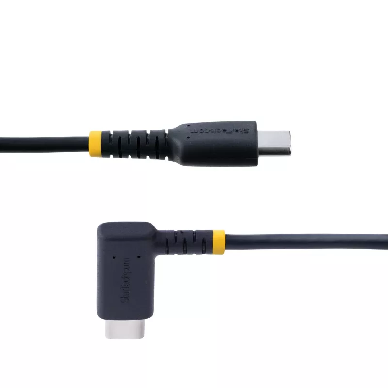 StarTech.com Cabo de carregamento USB C de 15cm em ângulo - 60W PD 3A - Cabo USB-C de carregamento rápido robusto - preto USB 2.0 Type-C - Reforçado com fibra de aramida - Cabo de carregamento USB curto