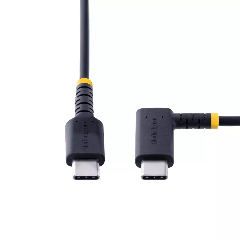 StarTech.com Cabo de carregamento USB C de 15cm em ângulo - 60W PD 3A - Cabo USB-C de carregamento rápido robusto - preto USB 2.0 Type-C - Reforçado com fibra de aramida - Cabo de carregamento USB curto