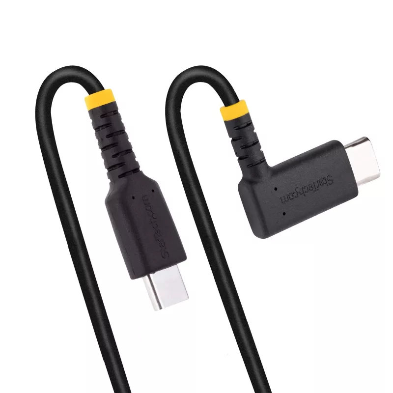 Cabo de carregamento USB-C StarTech.com 30cm com ângulo reto – 60W PD 3A – cabo USB-C de carregamento rápido robusto – preto USB 2.0 Type-C – reforçado com fibra de aramida – cabo de carregamento USB