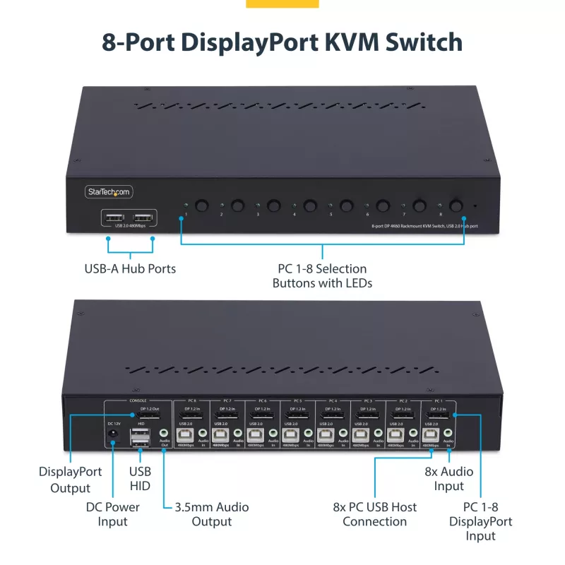 Comutador KVM DisplayPort StarTech.com de 8 portas com kit de montagem em rack 1U, 4K 60Hz DP 1.2, comutação por teclas e atalhos, hub USB de 4 portas, independente do sistema operativo, compatível com TAA