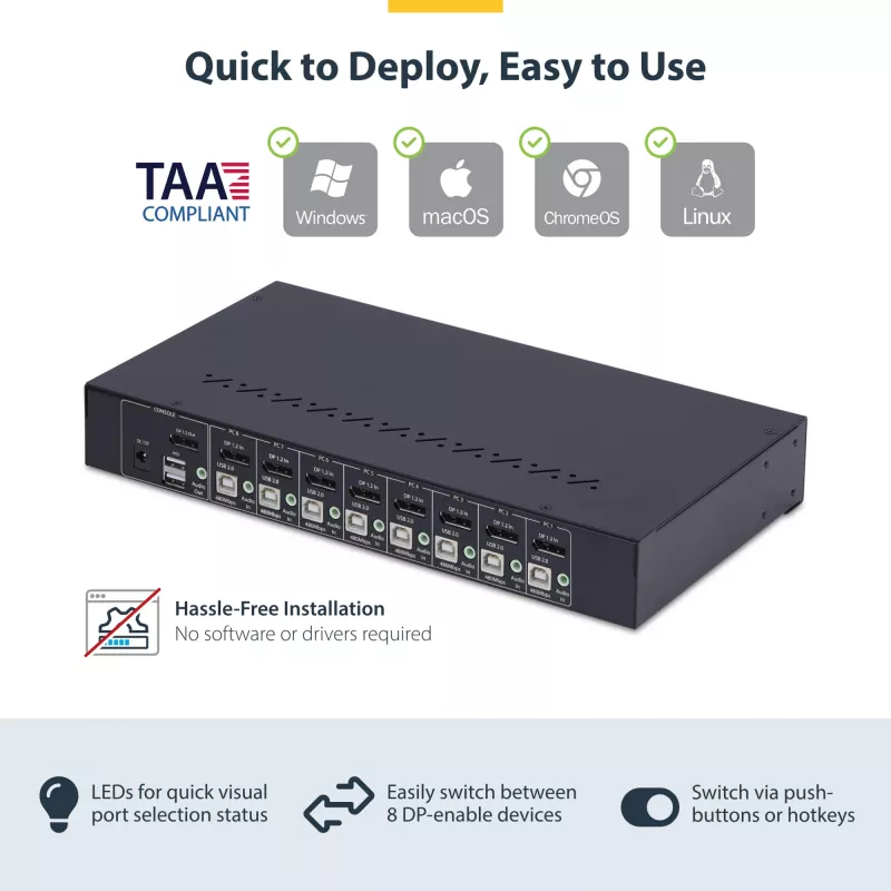 Comutador KVM DisplayPort StarTech.com de 8 portas com kit de montagem em rack 1U, 4K 60Hz DP 1.2, comutação por teclas e atalhos, hub USB de 4 portas, independente do sistema operativo, compatível com TAA