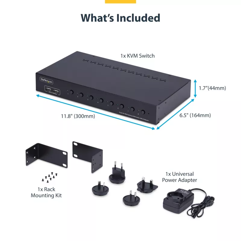 Comutador KVM DisplayPort StarTech.com de 8 portas com kit de montagem em rack 1U, 4K 60Hz DP 1.2, comutação por teclas e atalhos, hub USB de 4 portas, independente do sistema operativo, compatível com TAA