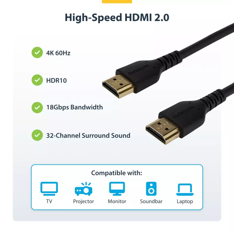Cabo HDMI 2.0 slim StarTech.com 6ft (2m), cabo HDMI flexível com certificação premium e Ethernet, UHD 4K 60Hz HDR10, design durável em fibra de aramida com revestimento TPE