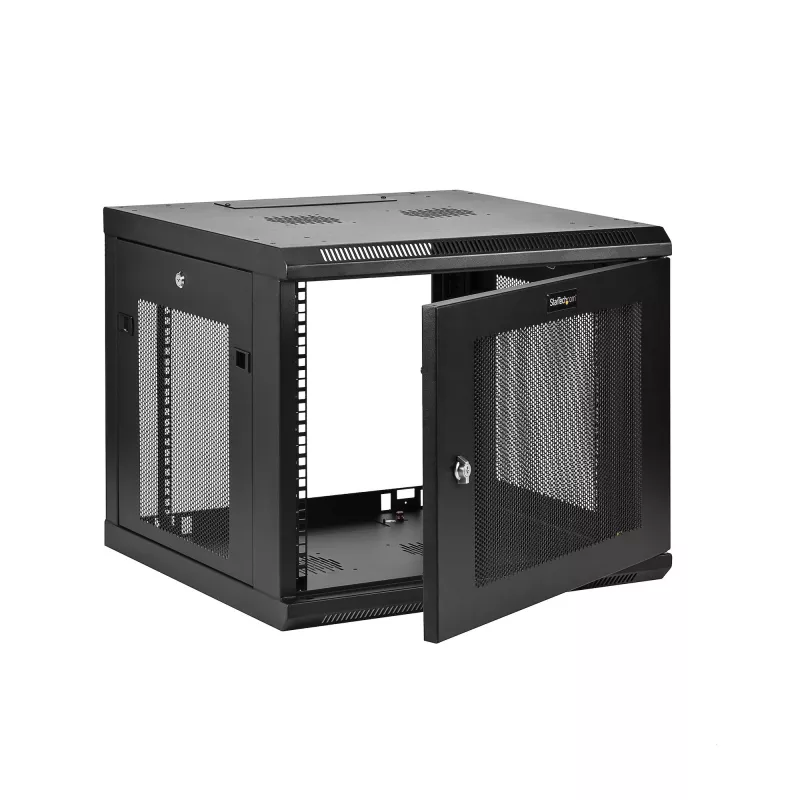 Armário de rede de montagem na parede StarTech.com 4 postes 9U com prateleira 1U, rack de servidor de parede 19 polegadas para equipamentos de dados/AV/eletrónica/informática, caixa de rack ventilada pequena