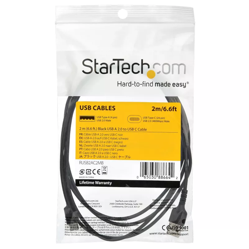 Cabo de carregamento USB-A para USB-C StarTech.com 2m – cabo robusto de carregamento rápido e sincronização USB 2.0 para USB Type-C – revestimento TPE resistente fibra de aramida M/M 3A preto – Samsung S10, iPad Pro, Pixel