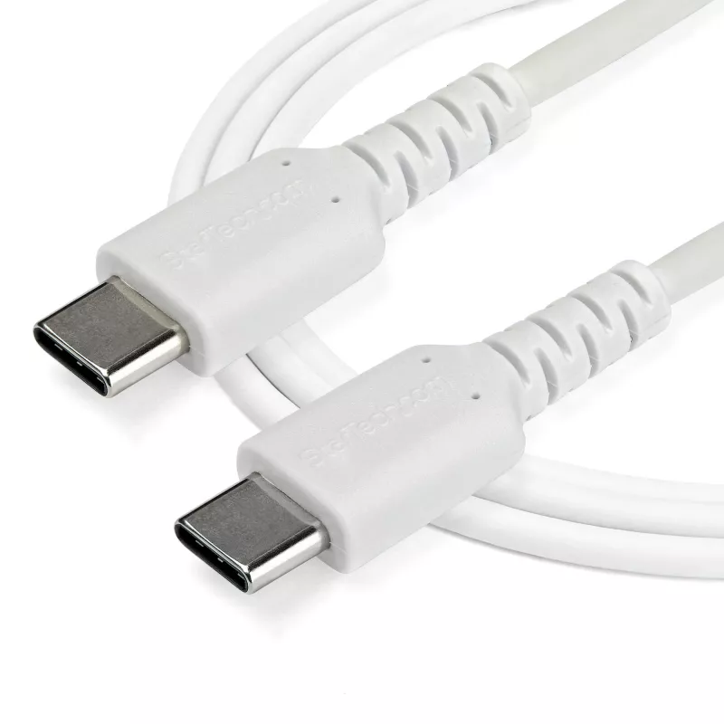 Cabo de carregamento USB-C StarTech.com 1m – cabo robusto de carregamento rápido e sincronização USB 2.0 Type-C para USB-C para portátil – revestimento TPE fibra de aramida M/M 60W branco – Samsung S10 S20 iPad Pro MS Surface