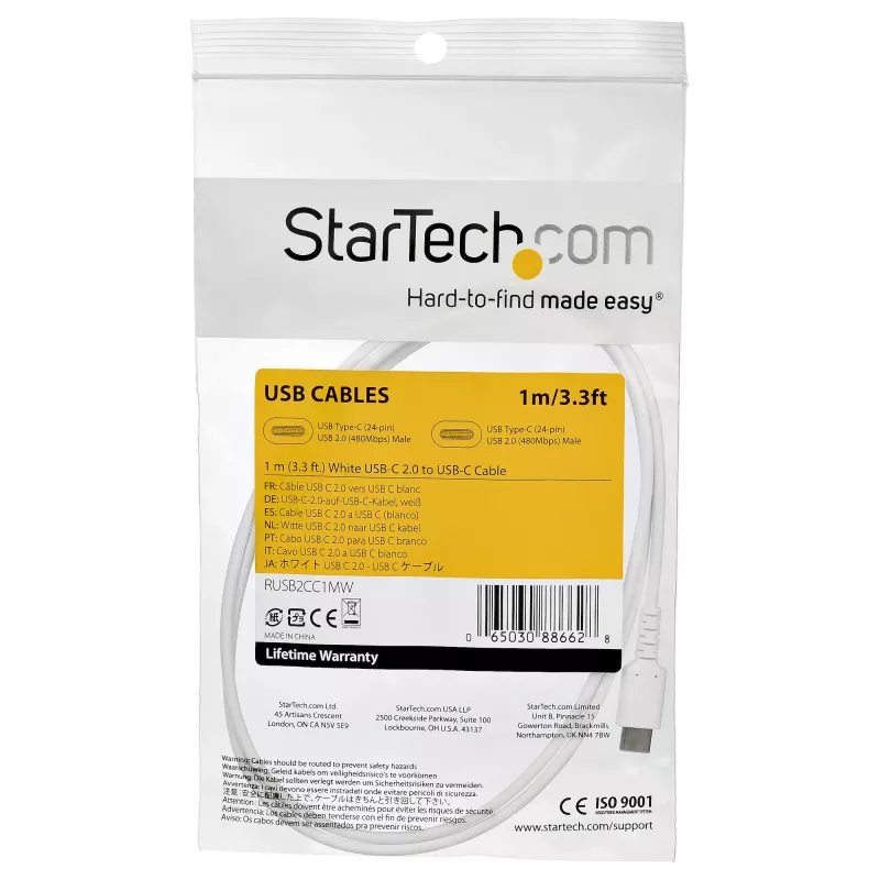 Cabo de carregamento USB-C StarTech.com 1m – cabo robusto de carregamento rápido e sincronização USB 2.0 Type-C para USB-C para portátil – revestimento TPE fibra de aramida M/M 60W branco – Samsung S10 S20 iPad Pro MS Surface