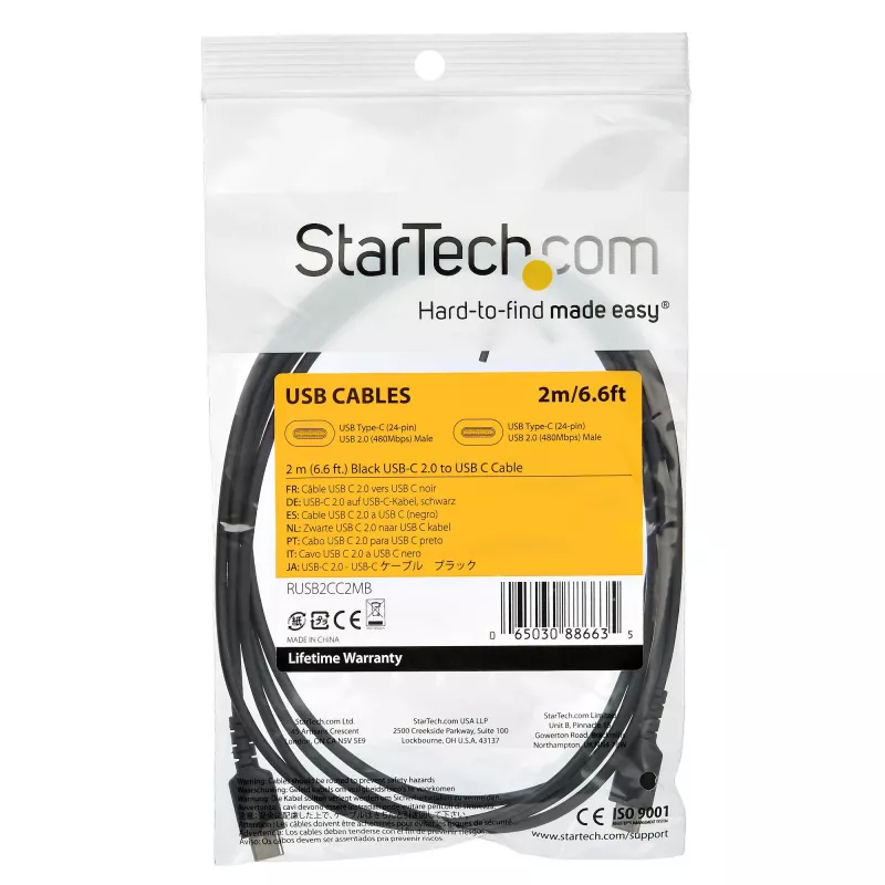 Cabo de carregamento USB-C StarTech.com 2m – cabo robusto de carregamento rápido e sincronização USB 2.0 Type-C para USB-C para portátil – revestimento TPE fibra de aramida M/M 60W preto – Samsung S10 S20 iPad Pro MS Surface