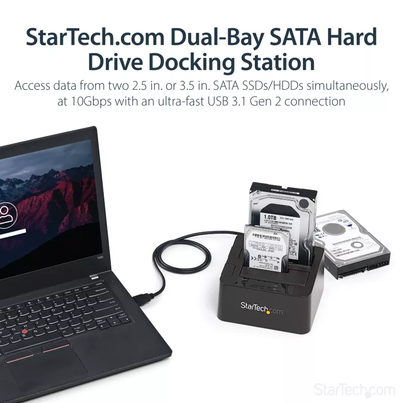 Docking station para disco rígido USB 3.2 Gen 2 para SATA StarTech.com de duas baías, dock para disco rígido USB 10Gbps, docking station externa para SSD/HDD SATA I/II/III de 2,5/3,5 polegadas, inserção de disco rígido hot-swap, carregamento superior