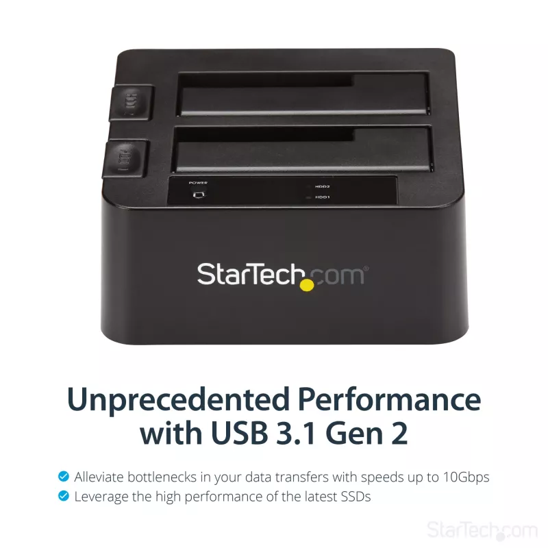 Docking station para disco rígido USB 3.2 Gen 2 para SATA StarTech.com de duas baías, dock para disco rígido USB 10Gbps, docking station externa para SSD/HDD SATA I/II/III de 2,5/3,5 polegadas, inserção de disco rígido hot-swap, carregamento superior