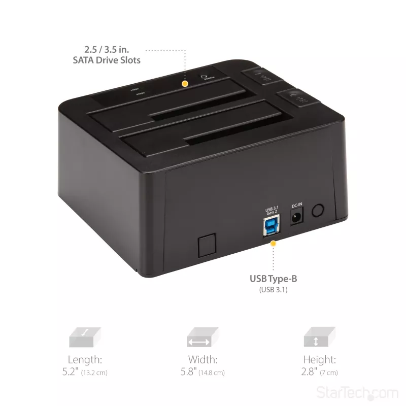 Docking station para disco rígido USB 3.2 Gen 2 para SATA StarTech.com de duas baías, dock para disco rígido USB 10Gbps, docking station externa para SSD/HDD SATA I/II/III de 2,5/3,5 polegadas, inserção de disco rígido hot-swap, carregamento superior