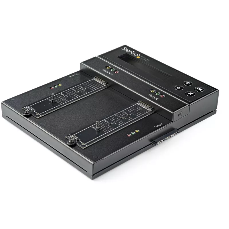 Duplicador e apagador M.2 SATA e M.2 NVMe autónomo StarTech.com - Clonador/apagador HDD/SSD para M.2 PCIe AHCI/NVMe, M.2 SATA, discos SATA de 2,5/3,5 polegadas - Apagador/duplicador de discos rígidos externo, TAA