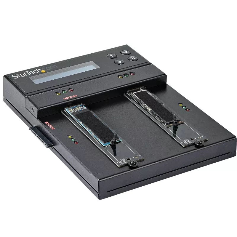 Duplicador e apagador M.2 SATA e M.2 NVMe autónomo StarTech.com - Clonador/apagador HDD/SSD para M.2 PCIe AHCI/NVMe, M.2 SATA, discos SATA de 2,5/3,5 polegadas - Apagador/duplicador de discos rígidos externo, TAA