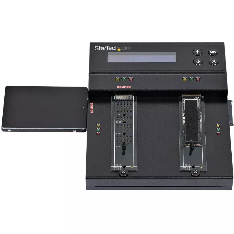 Duplicador e apagador M.2 SATA e M.2 NVMe autónomo StarTech.com - Clonador/apagador HDD/SSD para M.2 PCIe AHCI/NVMe, M.2 SATA, discos SATA de 2,5/3,5 polegadas - Apagador/duplicador de discos rígidos externo, TAA