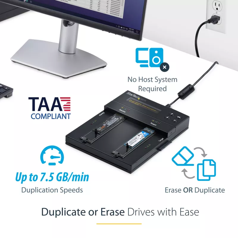 Duplicador e apagador M.2 SATA e M.2 NVMe autónomo StarTech.com - Clonador/apagador HDD/SSD para M.2 PCIe AHCI/NVMe, M.2 SATA, discos SATA de 2,5/3,5 polegadas - Apagador/duplicador de discos rígidos externo, TAA