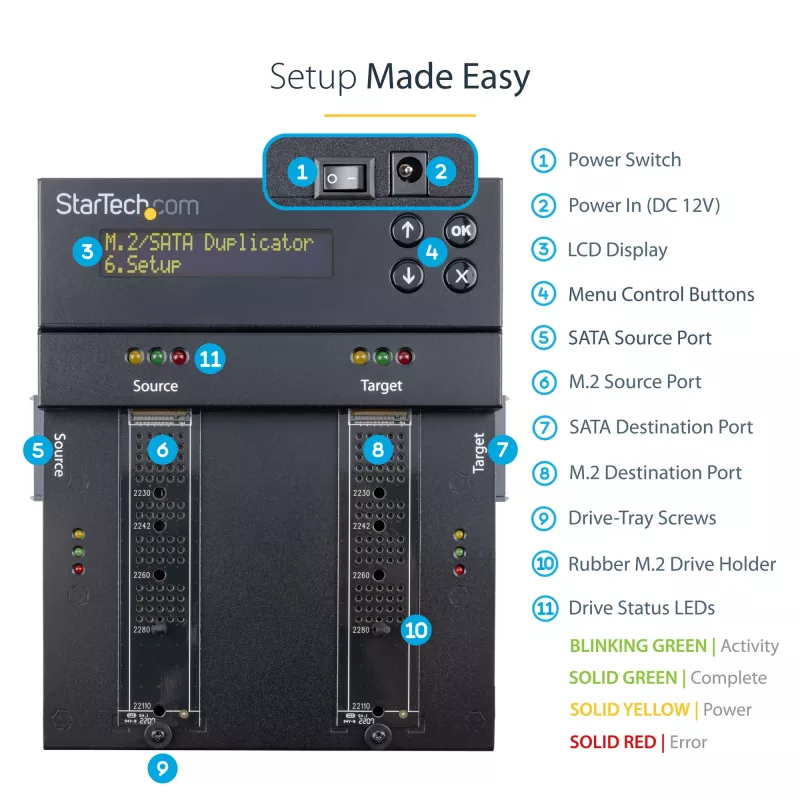 Duplicador e apagador M.2 SATA e M.2 NVMe autónomo StarTech.com - Clonador/apagador HDD/SSD para M.2 PCIe AHCI/NVMe, M.2 SATA, discos SATA de 2,5/3,5 polegadas - Apagador/duplicador de discos rígidos externo, TAA