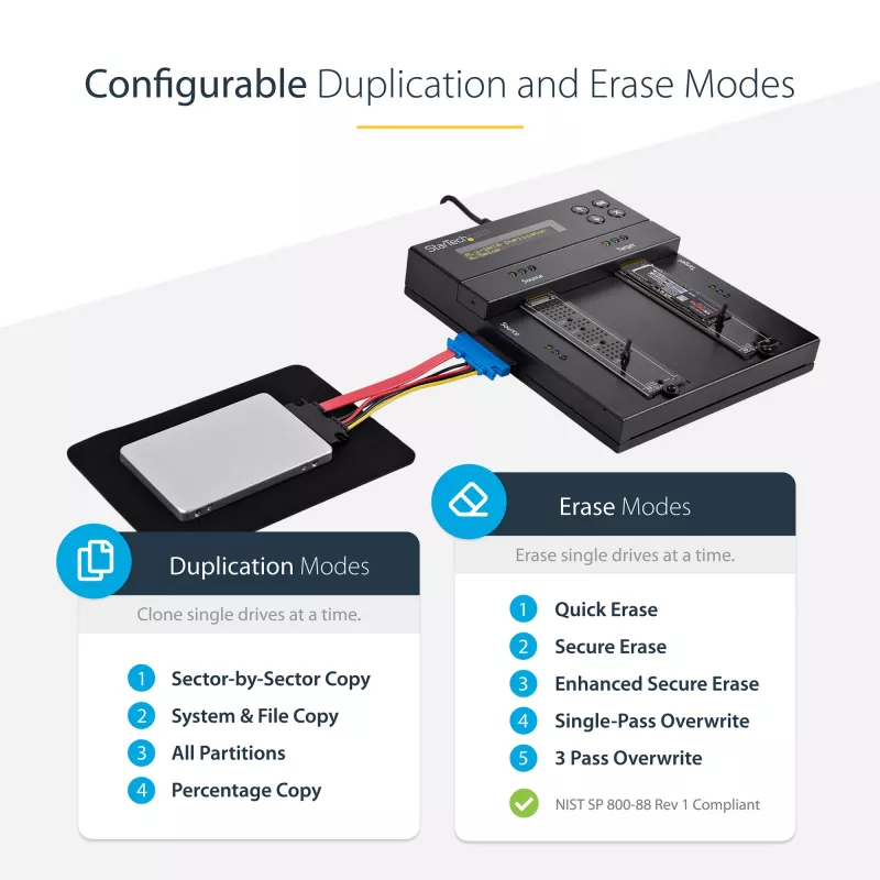 Duplicador e apagador M.2 SATA e M.2 NVMe autónomo StarTech.com - Clonador/apagador HDD/SSD para M.2 PCIe AHCI/NVMe, M.2 SATA, discos SATA de 2,5/3,5 polegadas - Apagador/duplicador de discos rígidos externo, TAA