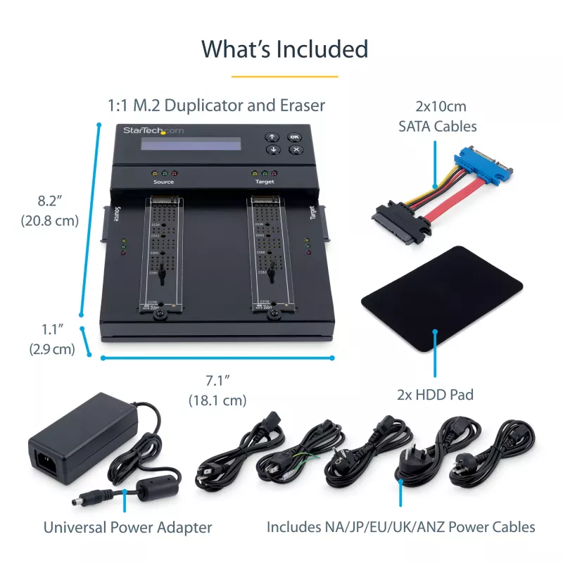 Duplicador e apagador M.2 SATA e M.2 NVMe autónomo StarTech.com - Clonador/apagador HDD/SSD para M.2 PCIe AHCI/NVMe, M.2 SATA, discos SATA de 2,5/3,5 polegadas - Apagador/duplicador de discos rígidos externo, TAA
