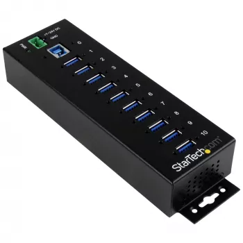 Hub USB 3.0 industrial StarTech.com 10 portas – proteção ESD e contra sobretensão~Hub USB 3.0 10 portas – 5 Gbit/s – Hub USB-A industrial em metal com proteção ESD e contra sobretensão – Montagem em calha DIN, parede ou mesa – Hub de expansão USB compatível com TAA