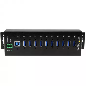 Hub USB 3.0 industrial StarTech.com 10 portas – proteção ESD e contra sobretensão~Hub USB 3.0 10 portas – 5 Gbit/s – Hub USB-A industrial em metal com proteção ESD e contra sobretensão – Montagem em calha DIN, parede ou mesa – Hub de expansão USB compatível com TAA