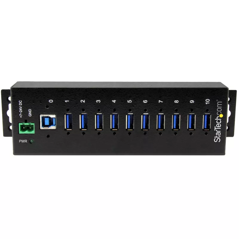 Hub USB 3.0 industrial StarTech.com 10 portas – proteção ESD e contra sobretensão~Hub USB 3.0 10 portas – 5 Gbit/s – Hub USB-A industrial em metal com proteção ESD e contra sobretensão – Montagem em calha DIN, parede ou mesa – Hub de expansão USB compatível com TAA