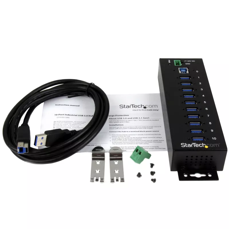 Hub USB 3.0 industrial StarTech.com 10 portas – proteção ESD e contra sobretensão~Hub USB 3.0 10 portas – 5 Gbit/s – Hub USB-A industrial em metal com proteção ESD e contra sobretensão – Montagem em calha DIN, parede ou mesa – Hub de expansão USB compatível com TAA