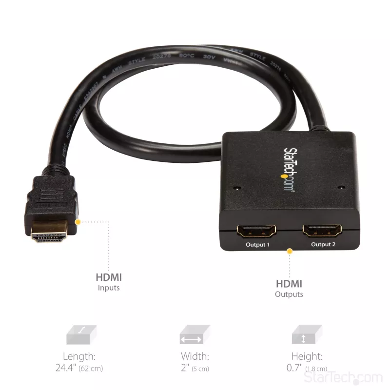 Splitter de vídeo HDMI 4K StarTech.com 2 portas – Splitter HDMI 1x2 – Alimentação por USB ou fonte de alimentação – 4K 30 Hz
