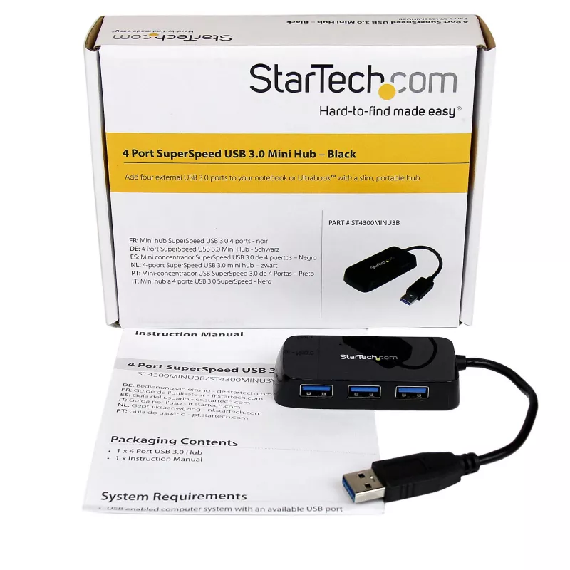 Mini hub USB 3.0 SuperSpeed portátil StarTech.com 4 portas - preto~Mini hub USB 3.0 SuperSpeed portátil 4 portas - 5 Gbit/s - preto