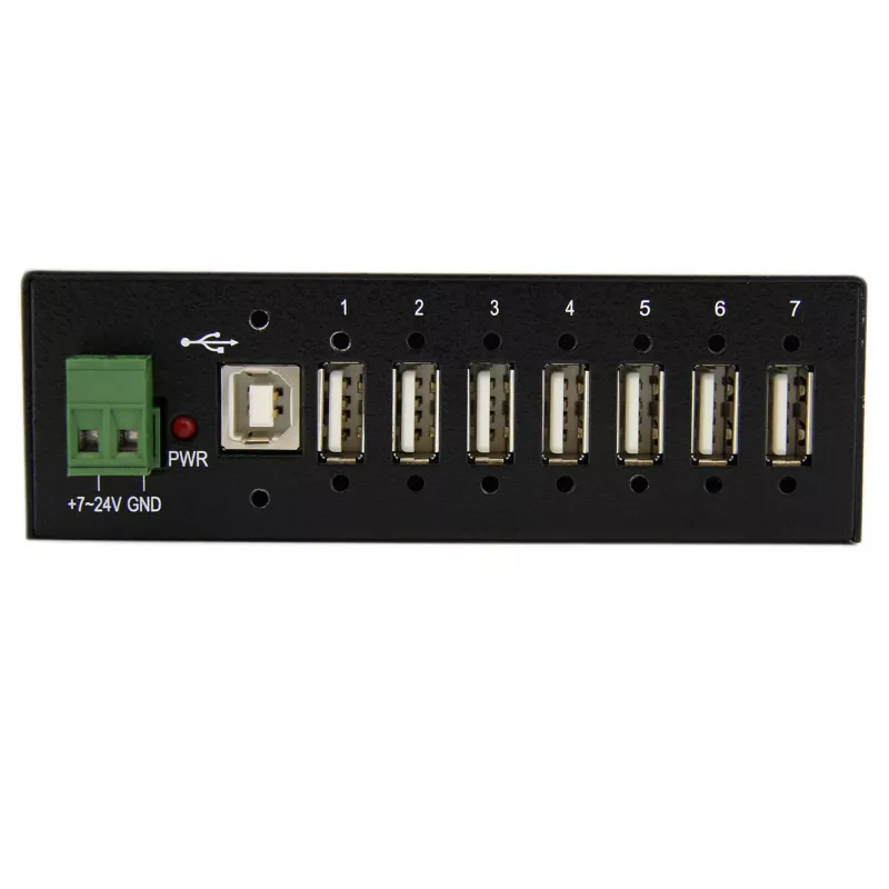 StarTech.com ST7200USBM hub USB 2.0 industrial de 7 portas, caixa metálica, proteção ESD e contra sobretensões, montagem em calha DIN/parede/secretária, 7–24 V DC, em conformidade com TAA, preto