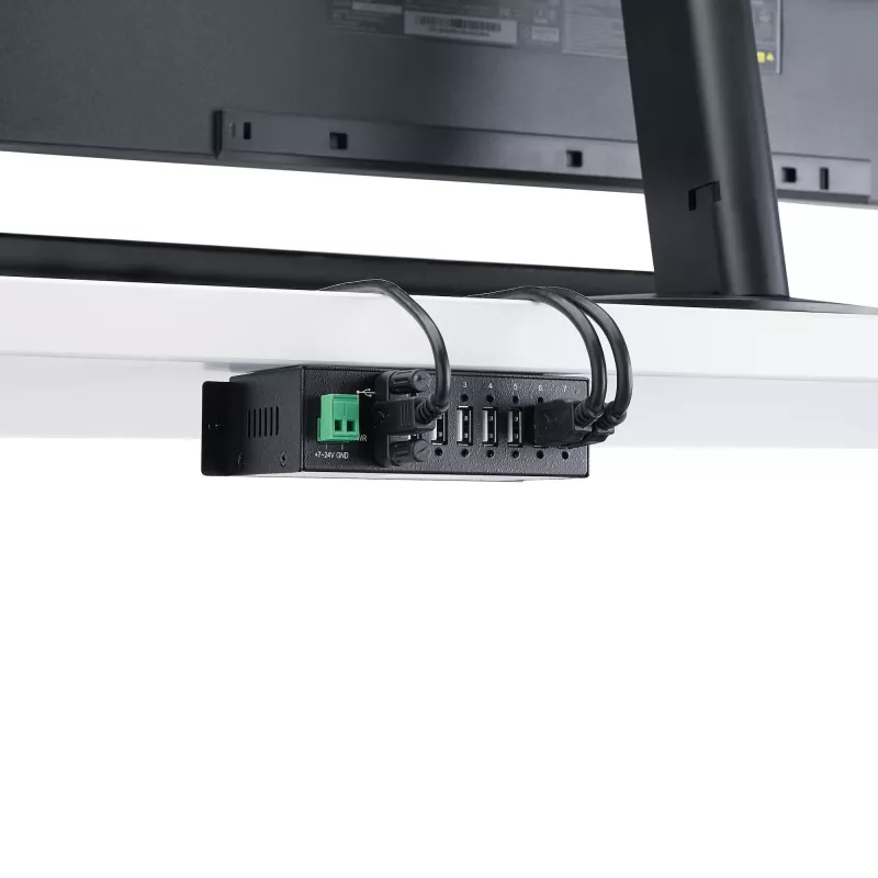 StarTech.com ST7200USBM hub USB 2.0 industrial de 7 portas, caixa metálica, proteção ESD e contra sobretensões, montagem em calha DIN/parede/secretária, 7–24 V DC, em conformidade com TAA, preto