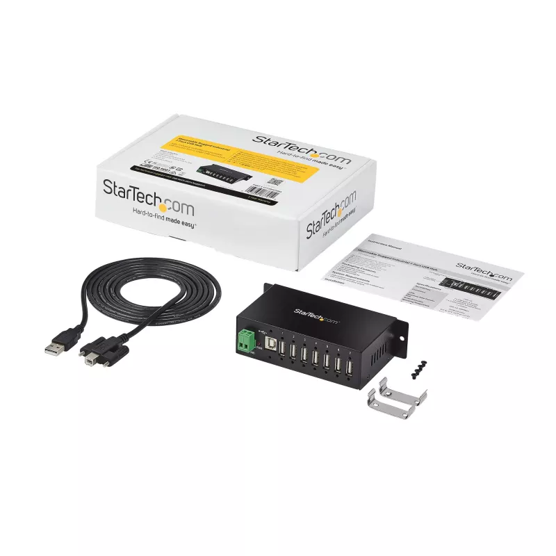 StarTech.com ST7200USBM hub USB 2.0 industrial de 7 portas, caixa metálica, proteção ESD e contra sobretensões, montagem em calha DIN/parede/secretária, 7–24 V DC, em conformidade com TAA, preto