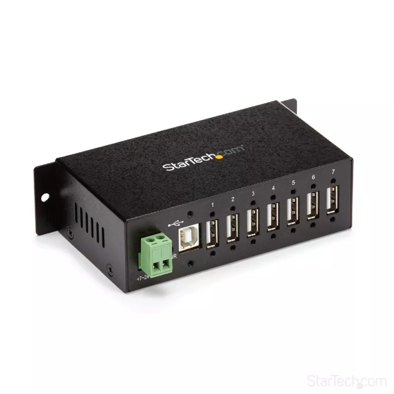 StarTech.com ST7200USBM hub USB 2.0 industrial de 7 portas, caixa metálica, proteção ESD e contra sobretensões, montagem em calha DIN/parede/secretária, 7–24 V DC, em conformidade com TAA, preto