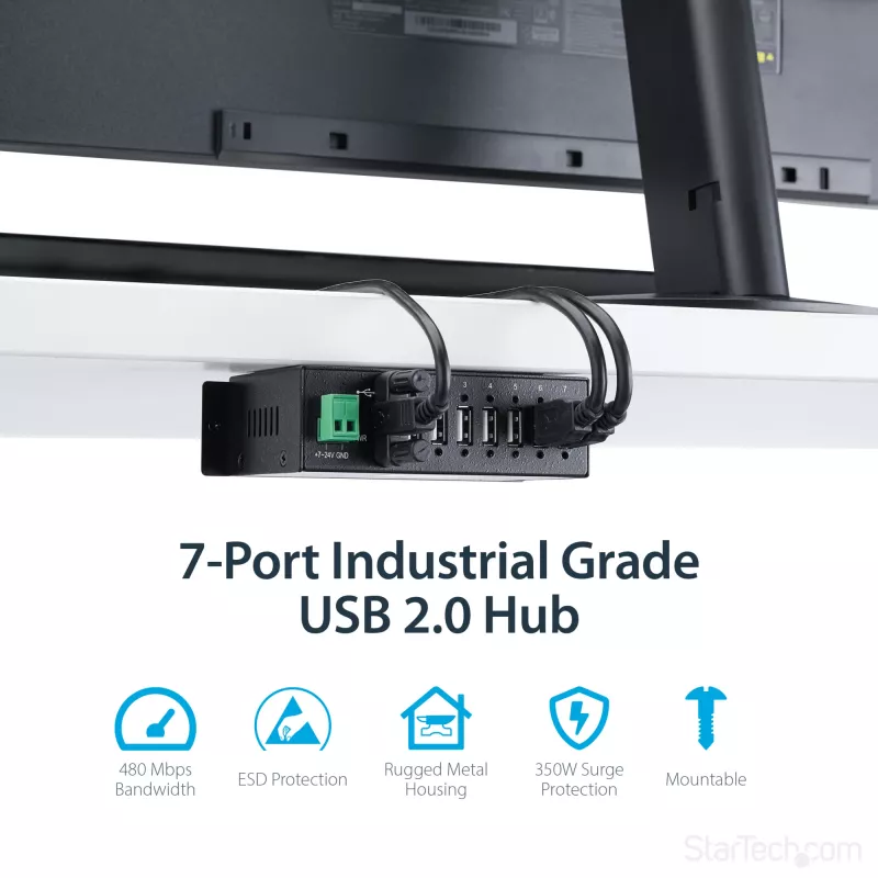 StarTech.com ST7200USBM hub USB 2.0 industrial de 7 portas, caixa metálica, proteção ESD e contra sobretensões, montagem em calha DIN/parede/secretária, 7–24 V DC, em conformidade com TAA, preto