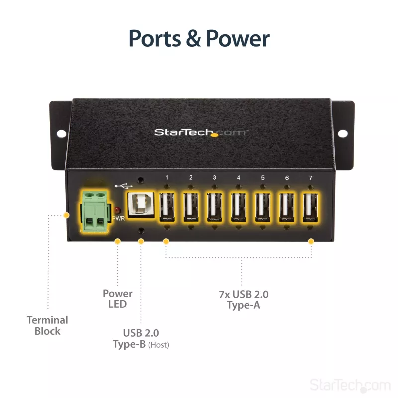 StarTech.com ST7200USBM hub USB 2.0 industrial de 7 portas, caixa metálica, proteção ESD e contra sobretensões, montagem em calha DIN/parede/secretária, 7–24 V DC, em conformidade com TAA, preto