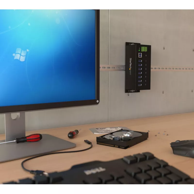 StarTech.com hub USB 3.0 industrial de 7 portas com proteção ESD~hub USB 3.0 de 7 portas (5Gbps) - hub USB-A industrial em metal com proteção ESD e proteção contra sobretensão de 350W - montagem em calha DIN, parede ou mesa - hub expansor USB compatível com TAA