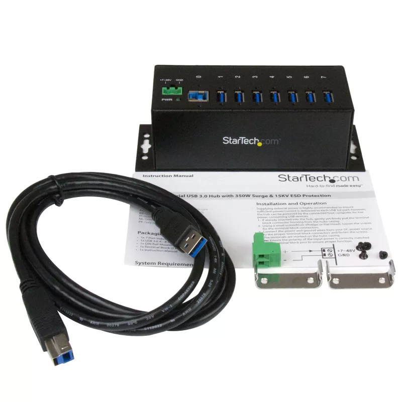 StarTech.com hub USB 3.0 industrial de 7 portas com proteção ESD~hub USB 3.0 de 7 portas (5Gbps) - hub USB-A industrial em metal com proteção ESD e proteção contra sobretensão de 350W - montagem em calha DIN, parede ou mesa - hub expansor USB compatível com TAA