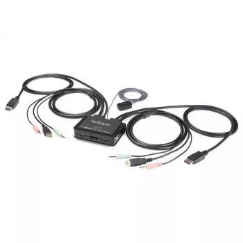 Switch KVM DisplayPort StarTech.com 2 portas – 4K 60 Hz – Switch KVM DP 1.2 USB UHD compacto de dupla porta para secretária com cabos de 1,2 m e áudio – Alimentado por bus e comutação remota – MacBook ThinkPad