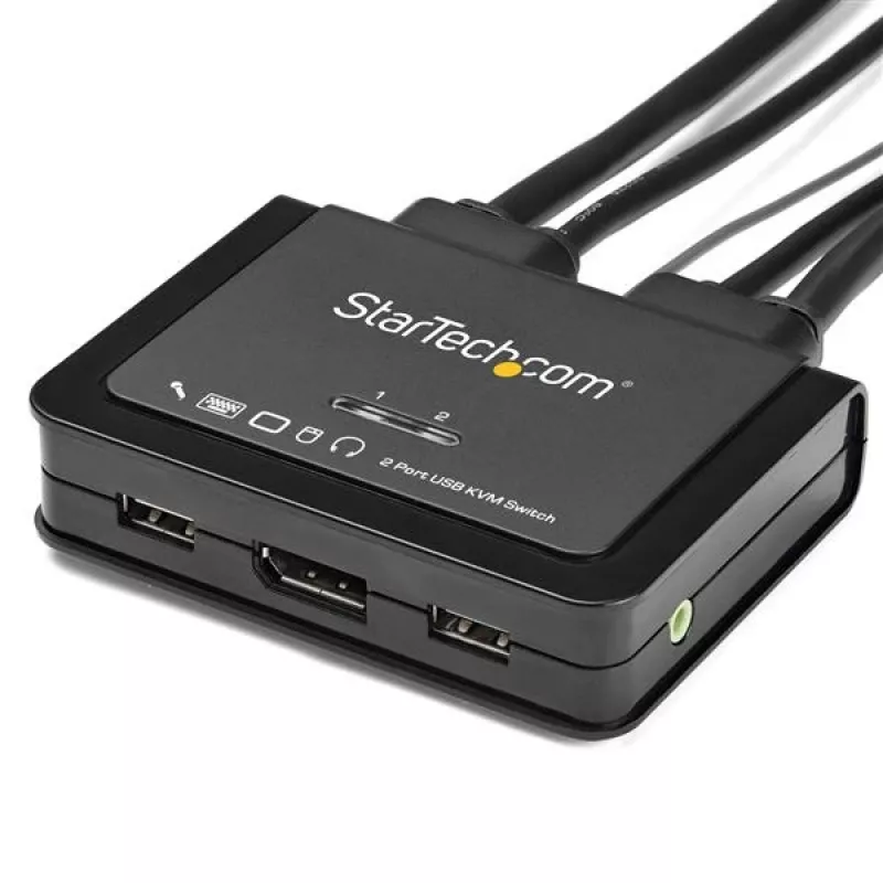 Switch KVM DisplayPort StarTech.com 2 portas – 4K 60 Hz – Switch KVM DP 1.2 USB UHD compacto de dupla porta para secretária com cabos de 1,2 m e áudio – Alimentado por bus e comutação remota – MacBook ThinkPad