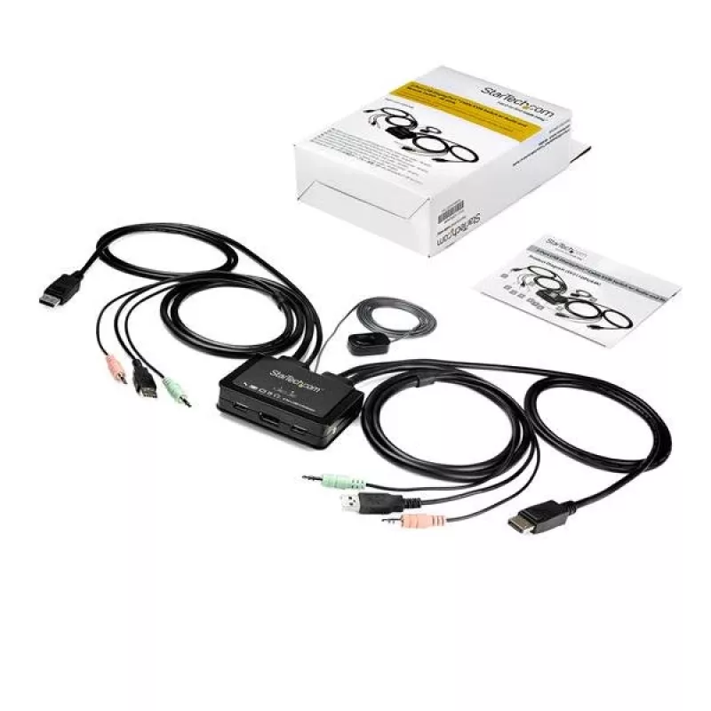 Switch KVM DisplayPort StarTech.com 2 portas – 4K 60 Hz – Switch KVM DP 1.2 USB UHD compacto de dupla porta para secretária com cabos de 1,2 m e áudio – Alimentado por bus e comutação remota – MacBook ThinkPad