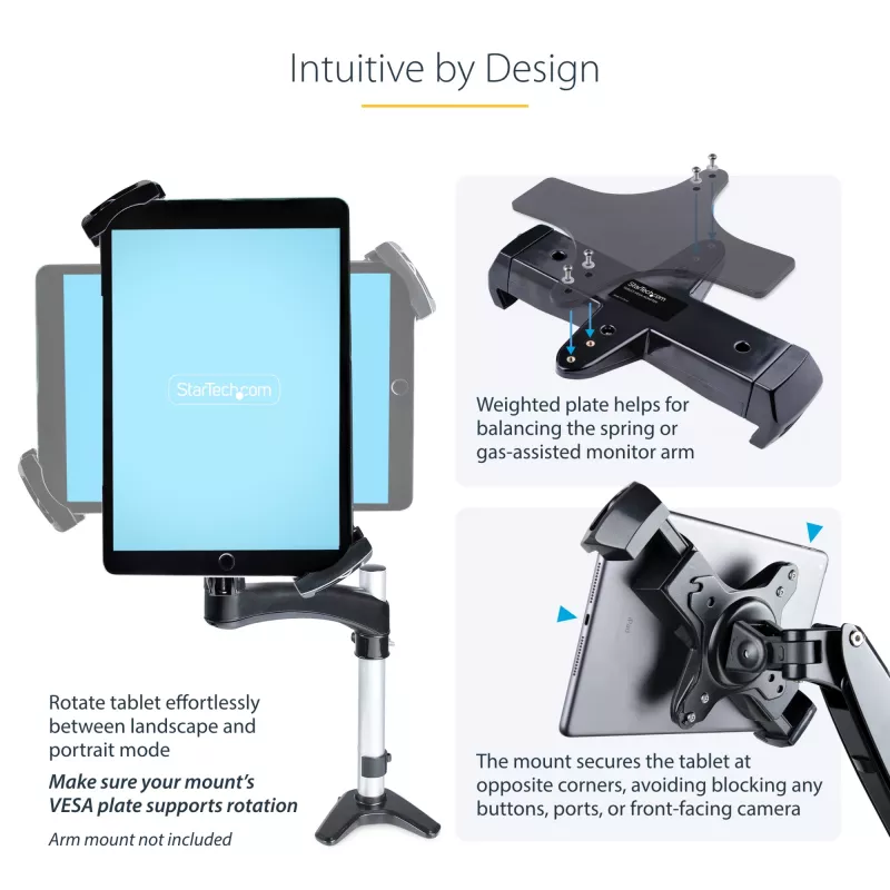 Adaptador de montagem VESA StarTech.com para tablets de 7,9 a 12,5 polegadas – até 2 kg – padrão VESA 75x75/100x100 – suporte VESA universal antirroubo para tablet – suporte seguro para tablet – preto