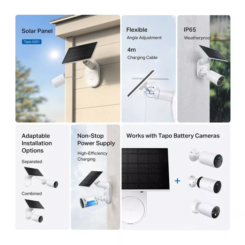 TP-Link Tapo A201 painel solar, 2,5 W, IP65, cabo de 4 m, para câmaras com bateria Tapo