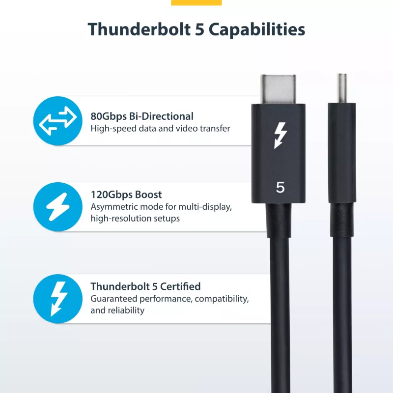 Cabo Thunderbolt 5 StarTech.com 3ft (1 m), 80 Gbit/s/até 120 Gbit/s, 240 W PD, 8K 60 Hz, cabo Thunderbolt certificado – Compatível com Thunderbolt 4/USB4/USB-C