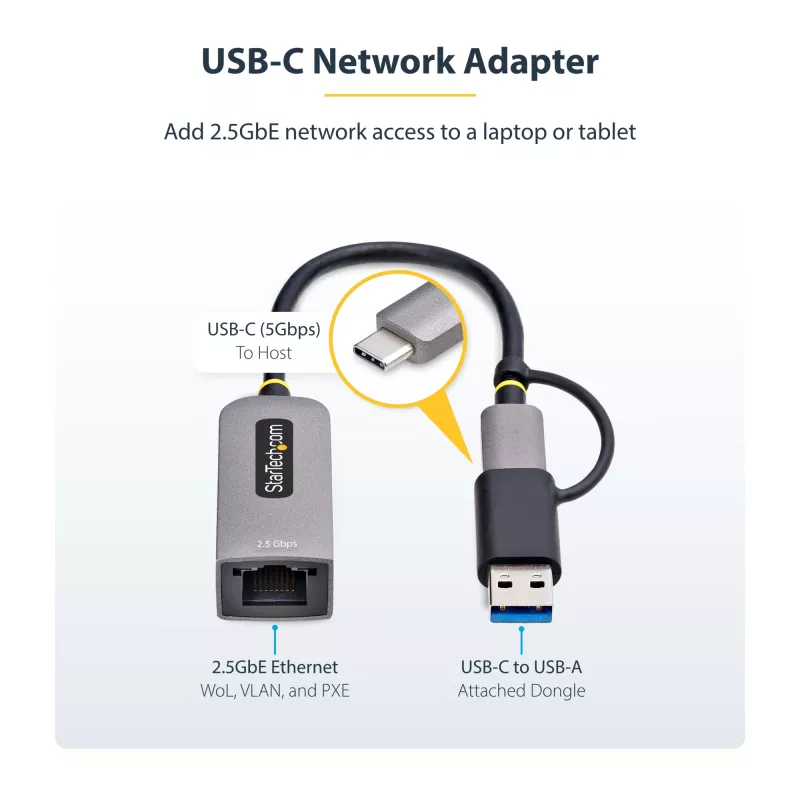 Adaptador StarTech.com 2.5GbE USB-C para Ethernet com conversor USB-A, NBASE-T NIC, USB 3.0 Type-C 2.5/1G rede multi-velocidade, compatível com Thunderbolt, Windows e Mac