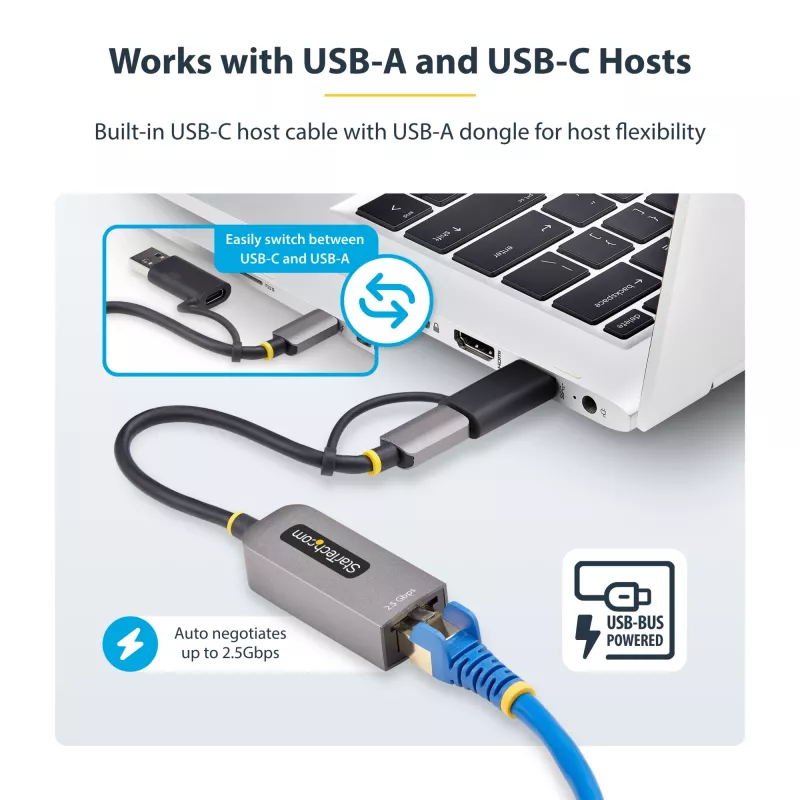 Adaptador StarTech.com 2.5GbE USB-C para Ethernet com conversor USB-A, NBASE-T NIC, USB 3.0 Type-C 2.5/1G rede multi-velocidade, compatível com Thunderbolt, Windows e Mac