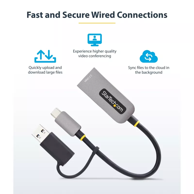 Adaptador StarTech.com 2.5GbE USB-C para Ethernet com conversor USB-A, NBASE-T NIC, USB 3.0 Type-C 2.5/1G rede multi-velocidade, compatível com Thunderbolt, Windows e Mac